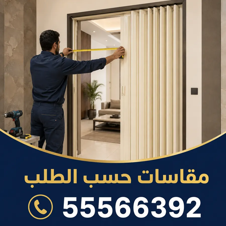 فني يقيس عرض فتحة باب بشريط قياس قبل تجهيز باب أكورديون