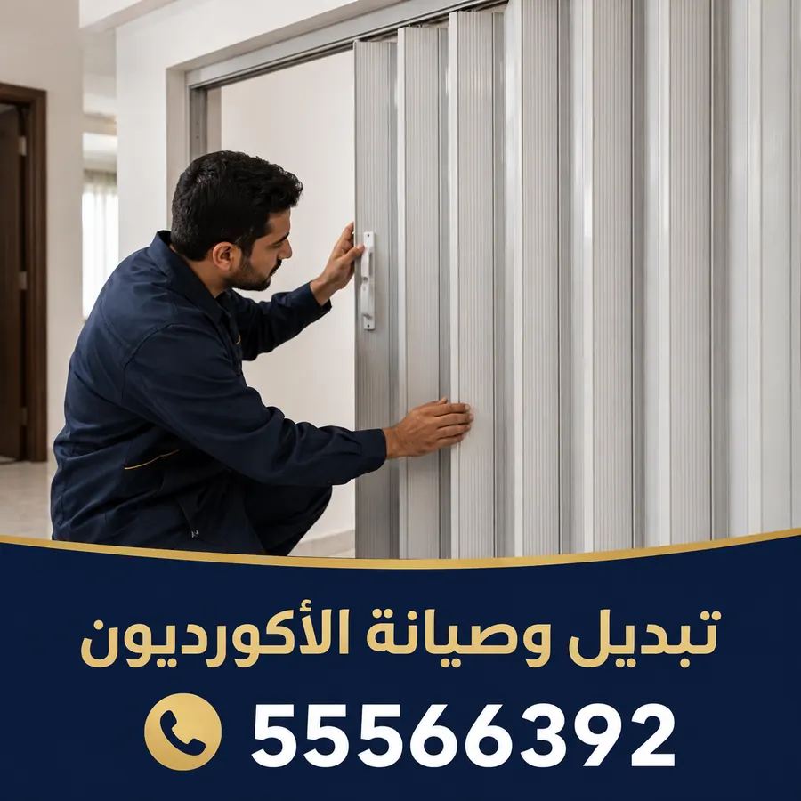 فني يفحص طيّات باب أكورديون ومسكته أثناء الصيانة