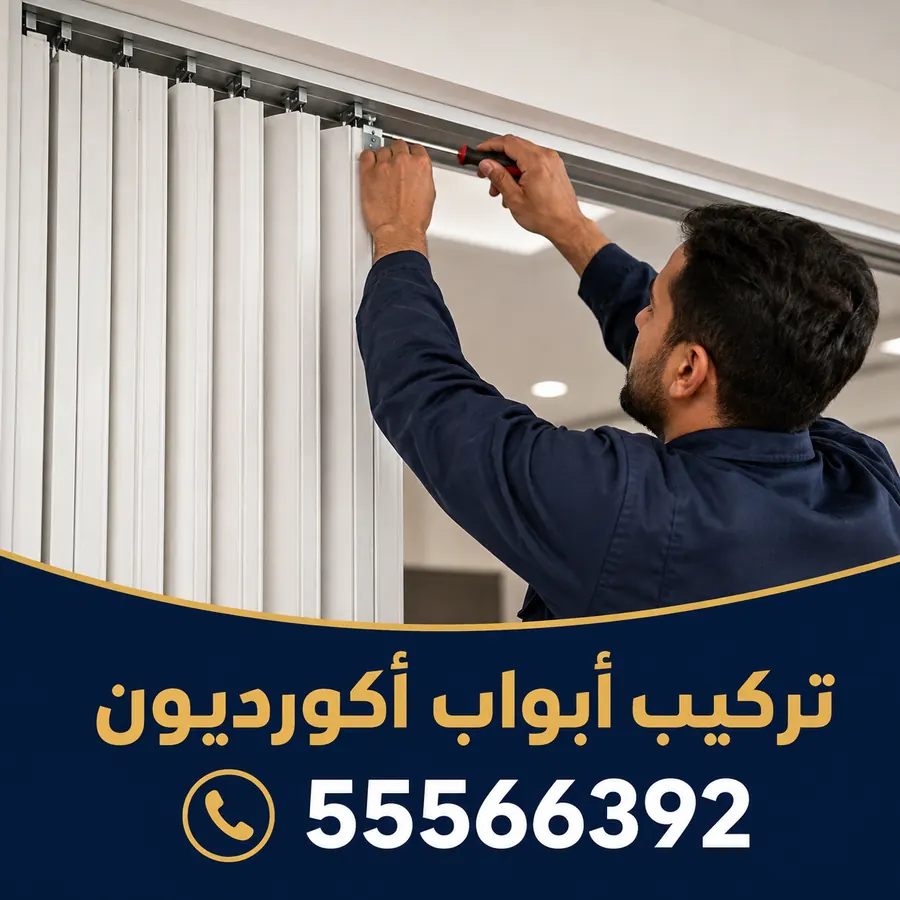 فني يثبّت مسار باب أكورديون علوي بمفك أثناء التركيب
