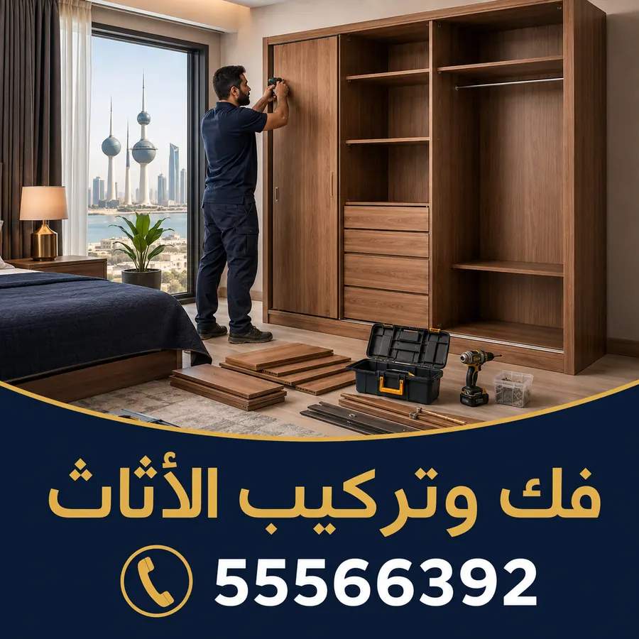 فني يركّب دولاب غرفة نوم بأبواب سحّابة — فك وتركيب الأثاث في الكويت