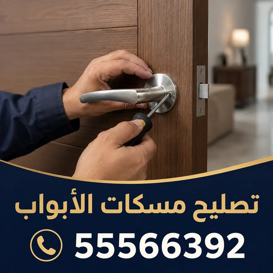 يد فني تضبط مسكة باب بمفك — تركيب وتصليح مسكات الأبواب