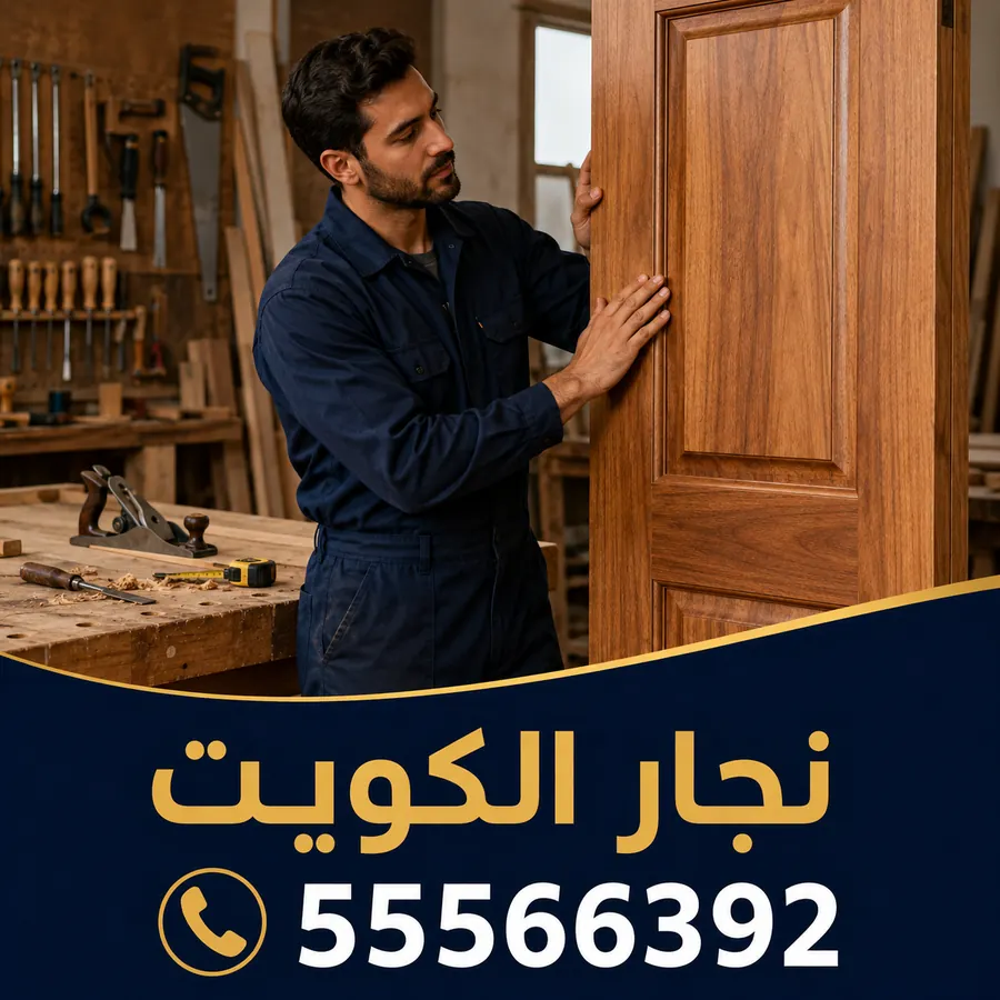 نجار في ورشة يفحص باب خشب مصمت — خدمات نجار الكويت