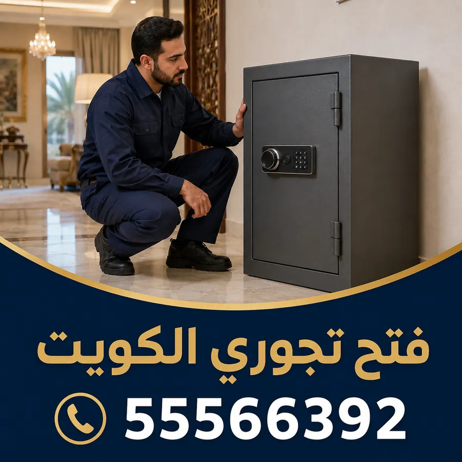 فني يفحص خزنة إلكترونية سوداء داخل منزل قبل خدمة فتح التجوري