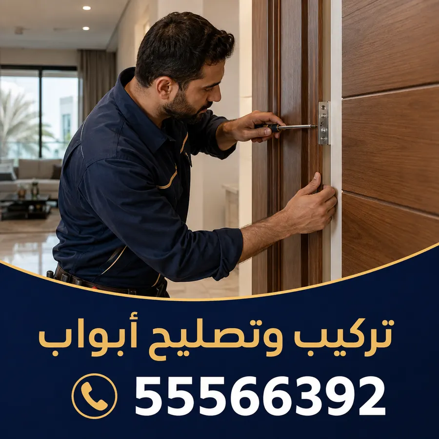 فني يركّب قفلًا على باب خشبي داخل منزل — تركيب وتصليح الأبواب في الكويت